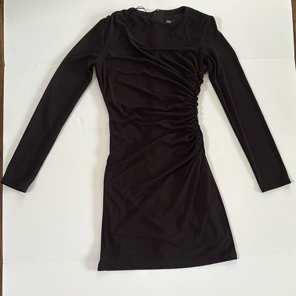 ZARA Black Ruched Mini Dress Long Sleeve XS - Picture 1 of 7